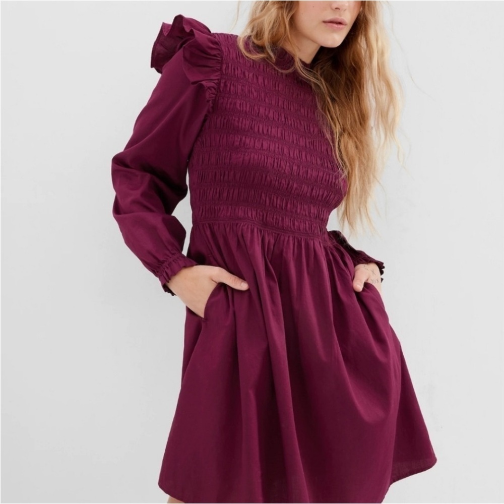 GAP Elegant Plum cotton Smocked Ruffle balloon long Sleeve trendy Mini Dress